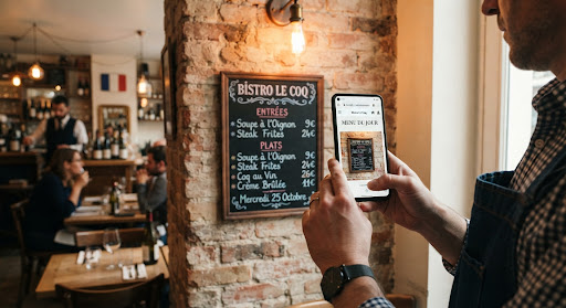 Un restaurateur photographie sa carte avec son téléphone